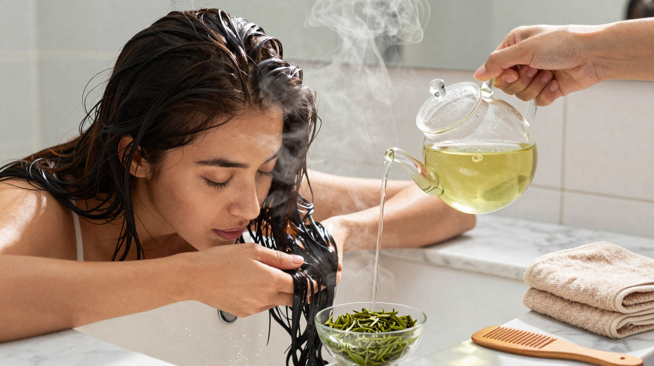 Mulher lavando cabelos com infusão de ervas quentes em uma banheira.