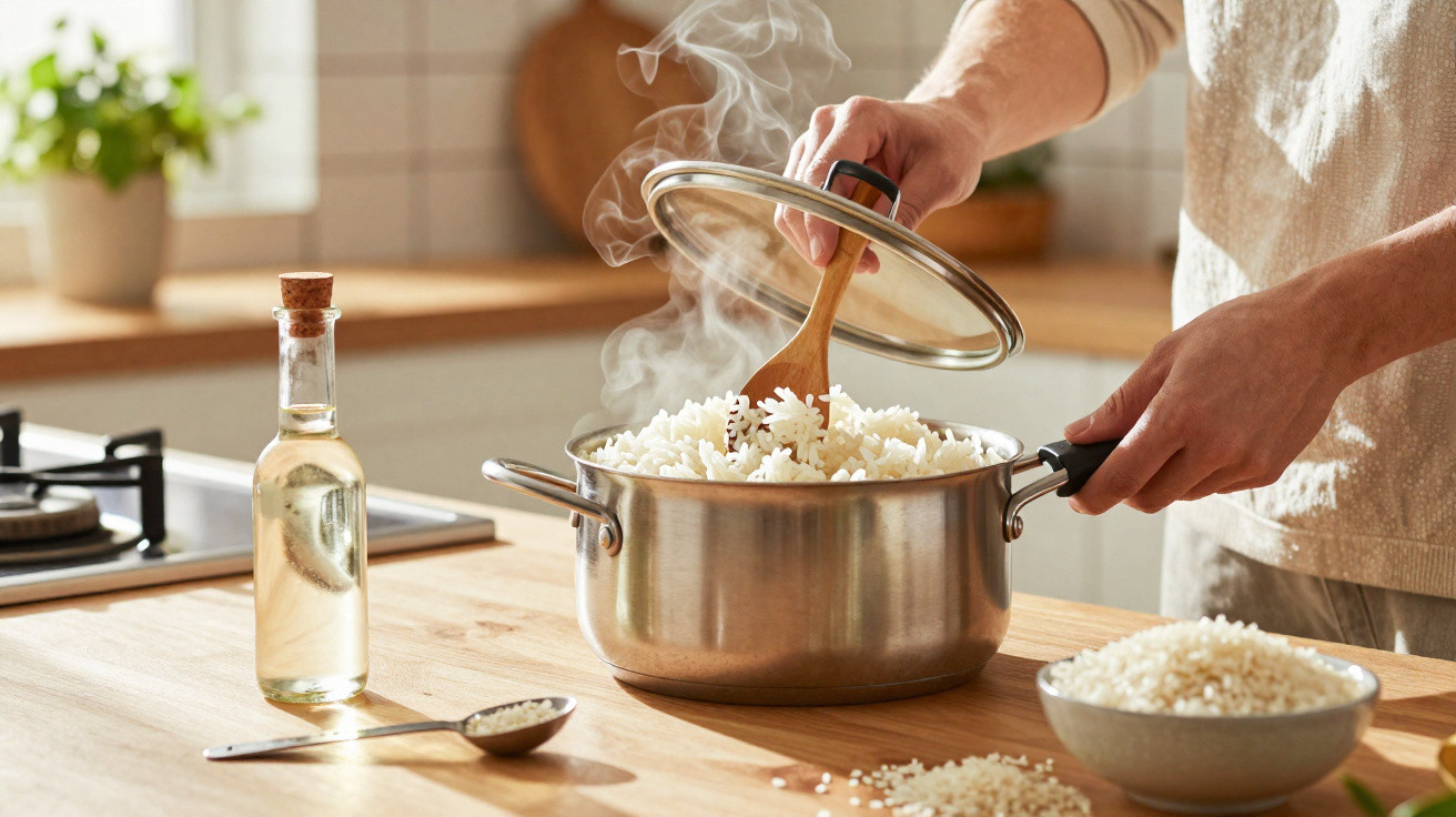 Pessoa mexendo arroz cozido em panela de aço inox com vapor saindo, sobre bancada de madeira na cozinha.