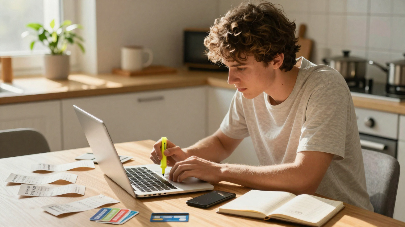 Jovem usando laptop, marcando com caneta marca-texto, com recibos, cartões e caderno em mesa na cozinha.
