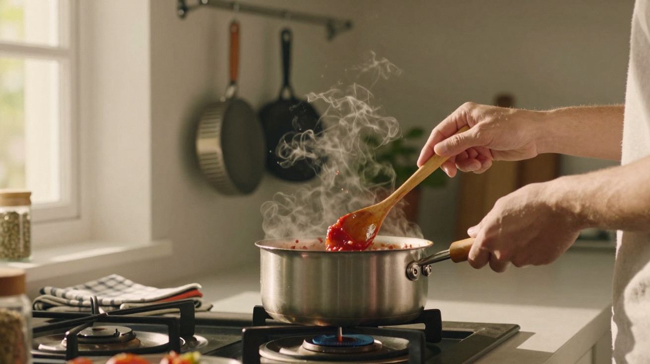 Pessoa mexendo molho vermelho fumegante em panela sobre fogão à gás em cozinha iluminada por luz natural.