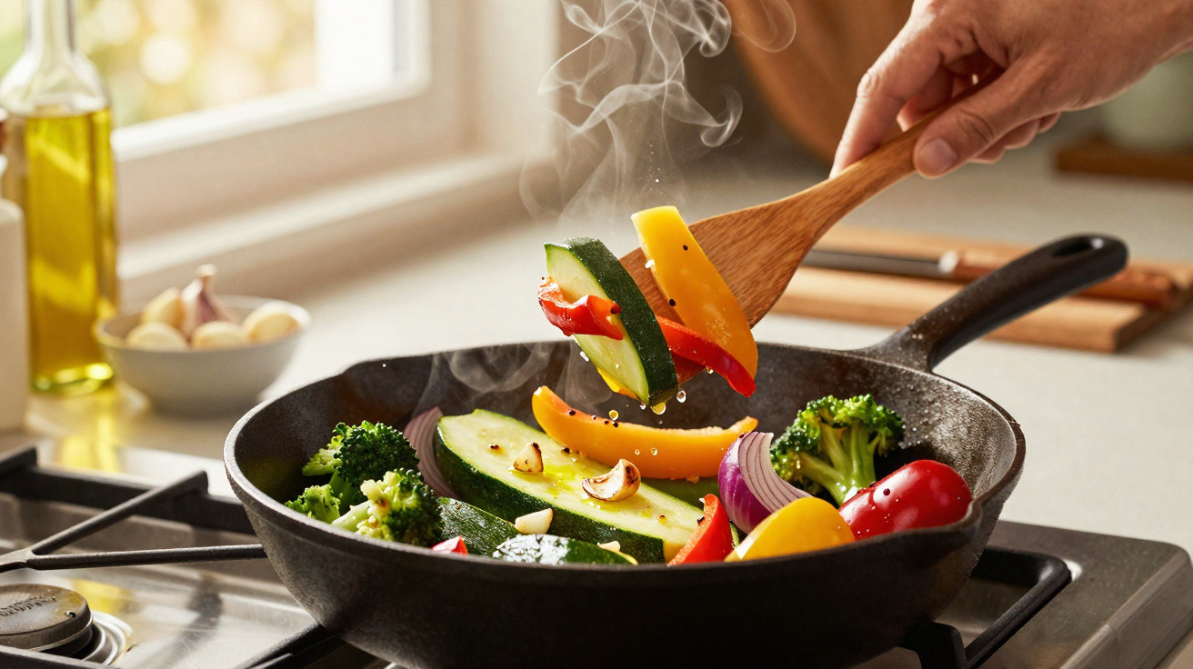 Mão mexendo legumes coloridos na frigideira no fogão com vapor saindo.