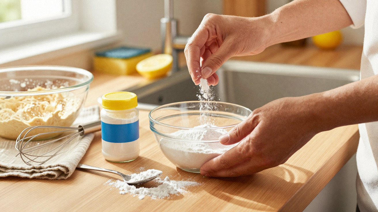 Mãos adicionando fermento em pó em tigela de vidro na cozinha com ingredientes para assar ao fundo.