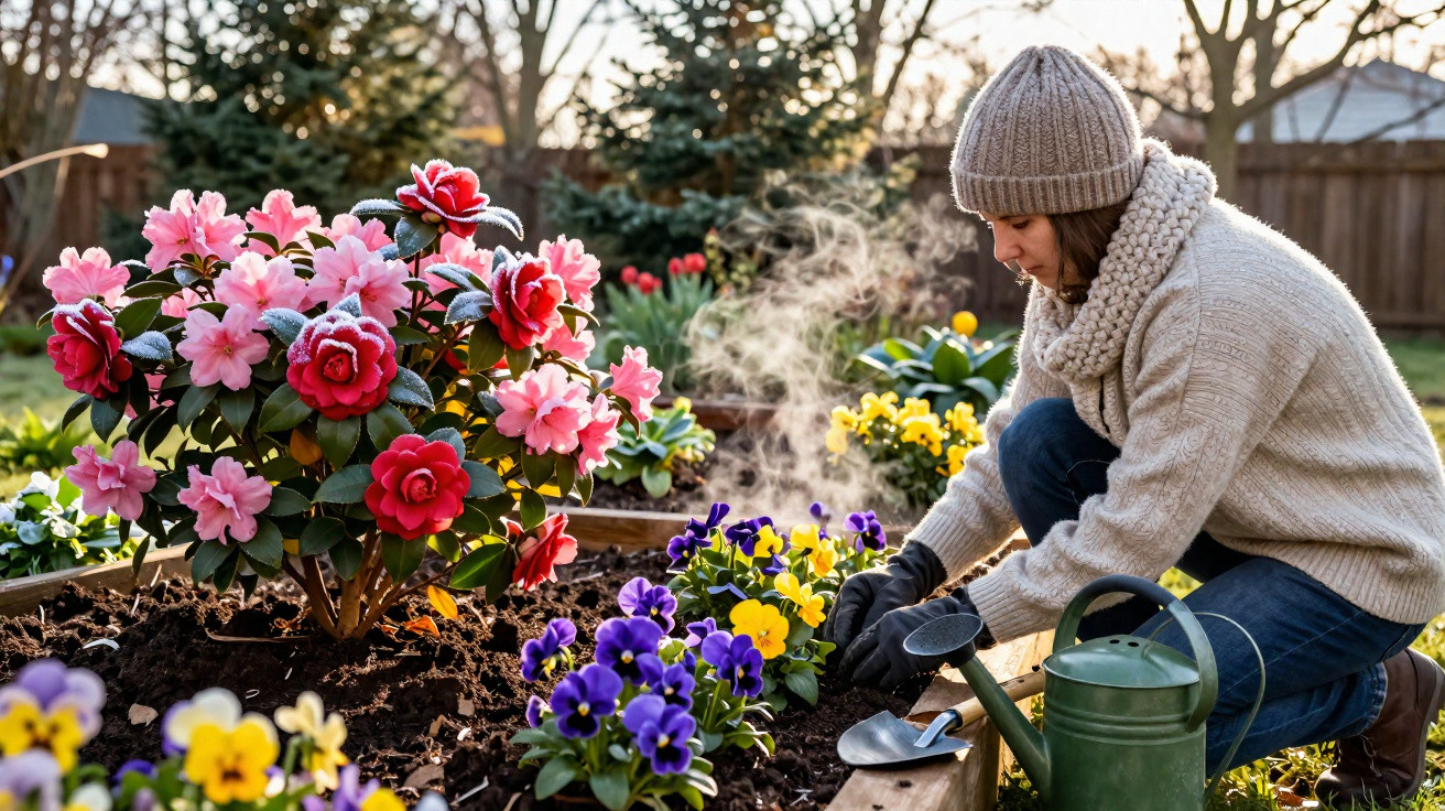 Mulher com roupas de inverno cuidando de flores coloridas em canteiros no jardim durante manhã fria.
