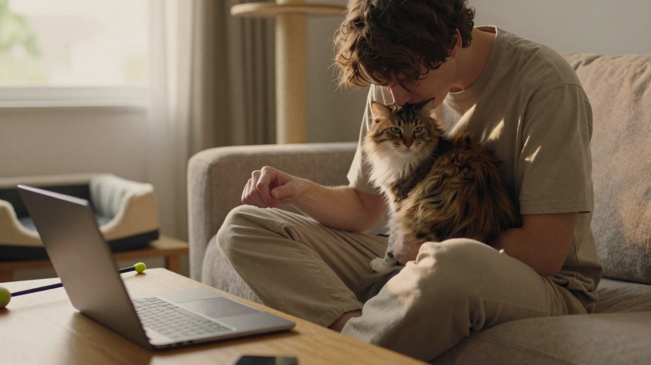 Homem sentado no sofá com gato no colo e laptop sobre a mesa em ambiente aconchegante.