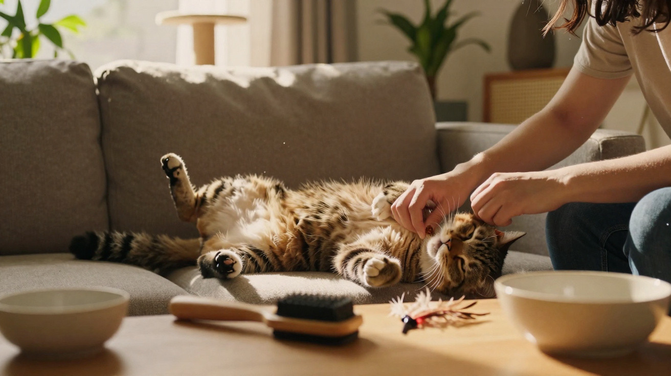 Pessoa fazendo carinho em gato deitado no sofá, ao lado de tigela e escova sobre mesa.