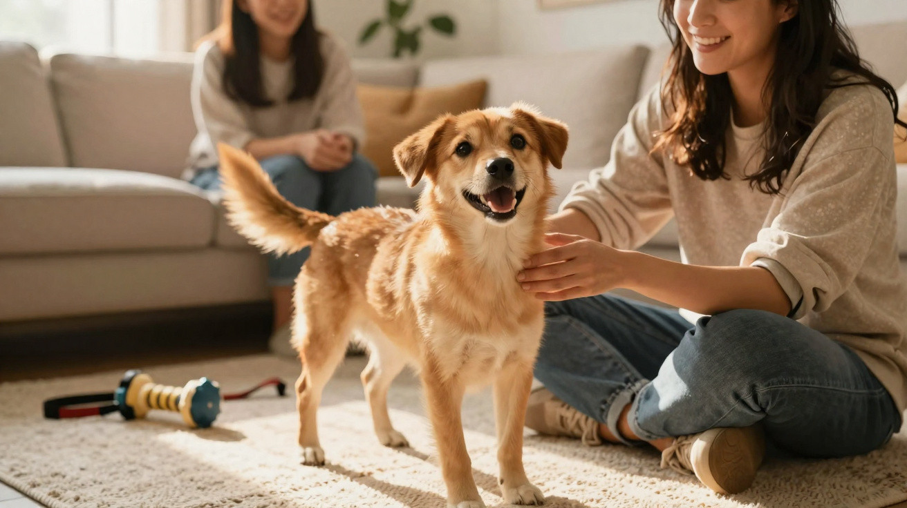 Mulher sorrindo acaricia cachorro feliz em sala de estar com outra pessoa ao fundo no sofá.