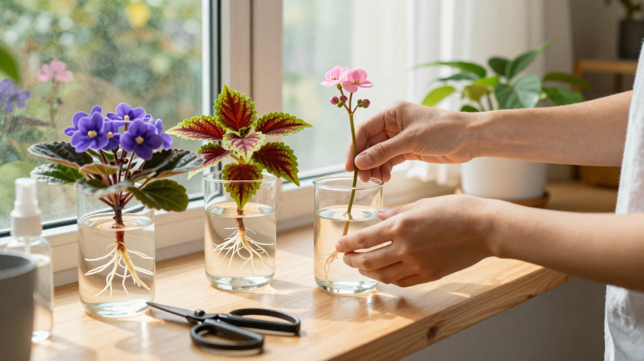 Mãos colocando flores em copos com água na beira de uma janela, ao lado de tesoura e borrifador.