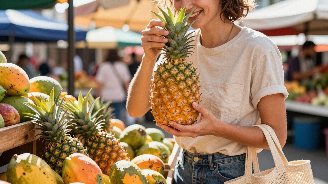 Mulher segurando e cheirando abacaxi em feira ao ar livre com frutas frescas na barraca.