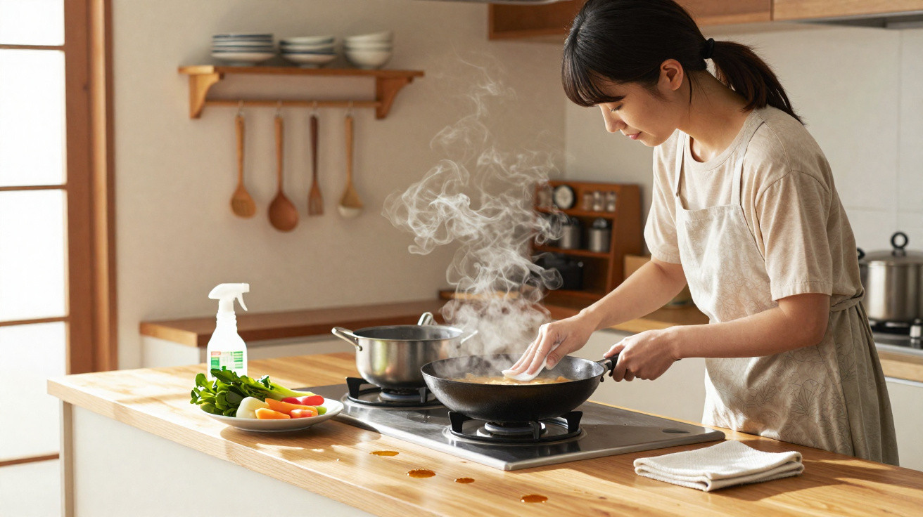 Mulher cozinhando em frigideira com vapor em cozinha clara e utensílios pendurados na parede.