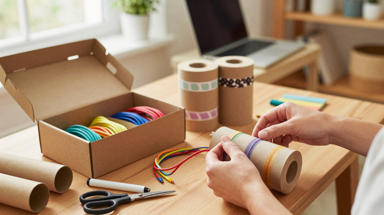 Pessoa decorando tubo de papelão com fitas coloridas em mesa com material de artesanato.
