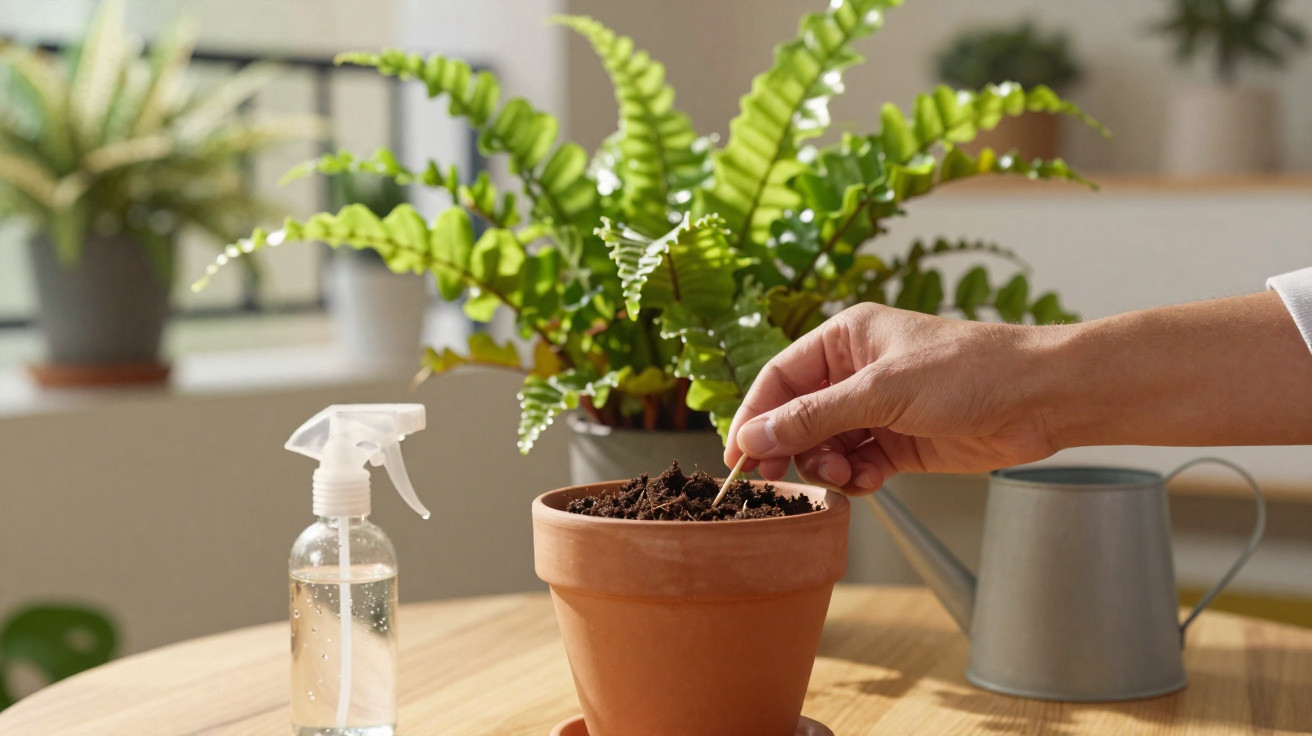 Mão plantando semente em vaso de barro com regador e borrifador ao fundo em mesa de madeira.
