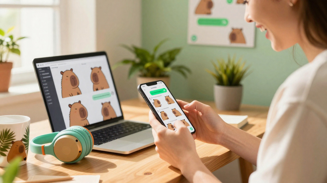 Mulher sorrindo usa smartphone e notebook com imagens de urso em mesa com fones e caneca com urso.