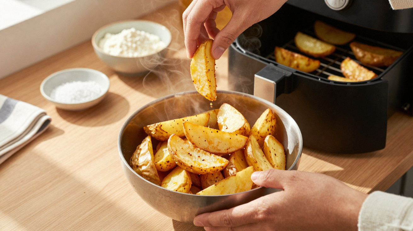 Mãos pegando batatas rústicas quentes em uma tigela ao lado de air fryer e potes com temperos na bancada.