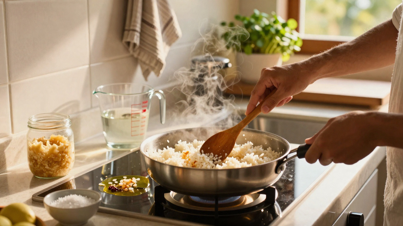Pessoa mexendo arroz cozido em panela sobre fogão, com vapor saindo e ingredientes ao redor.