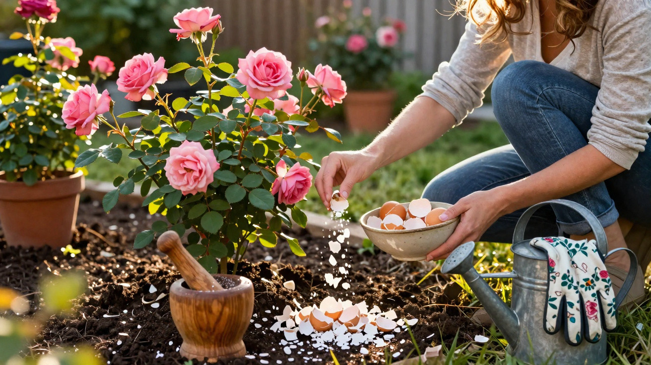 Pessoa espalhando cascas de ovo no solo perto de rosas cor-de-rosa em vaso para adubação do jardim.