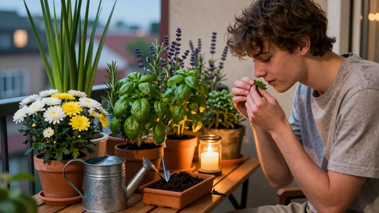 Jovem cheira folha em varanda com diversas plantas em vasos e regador ao entardecer.