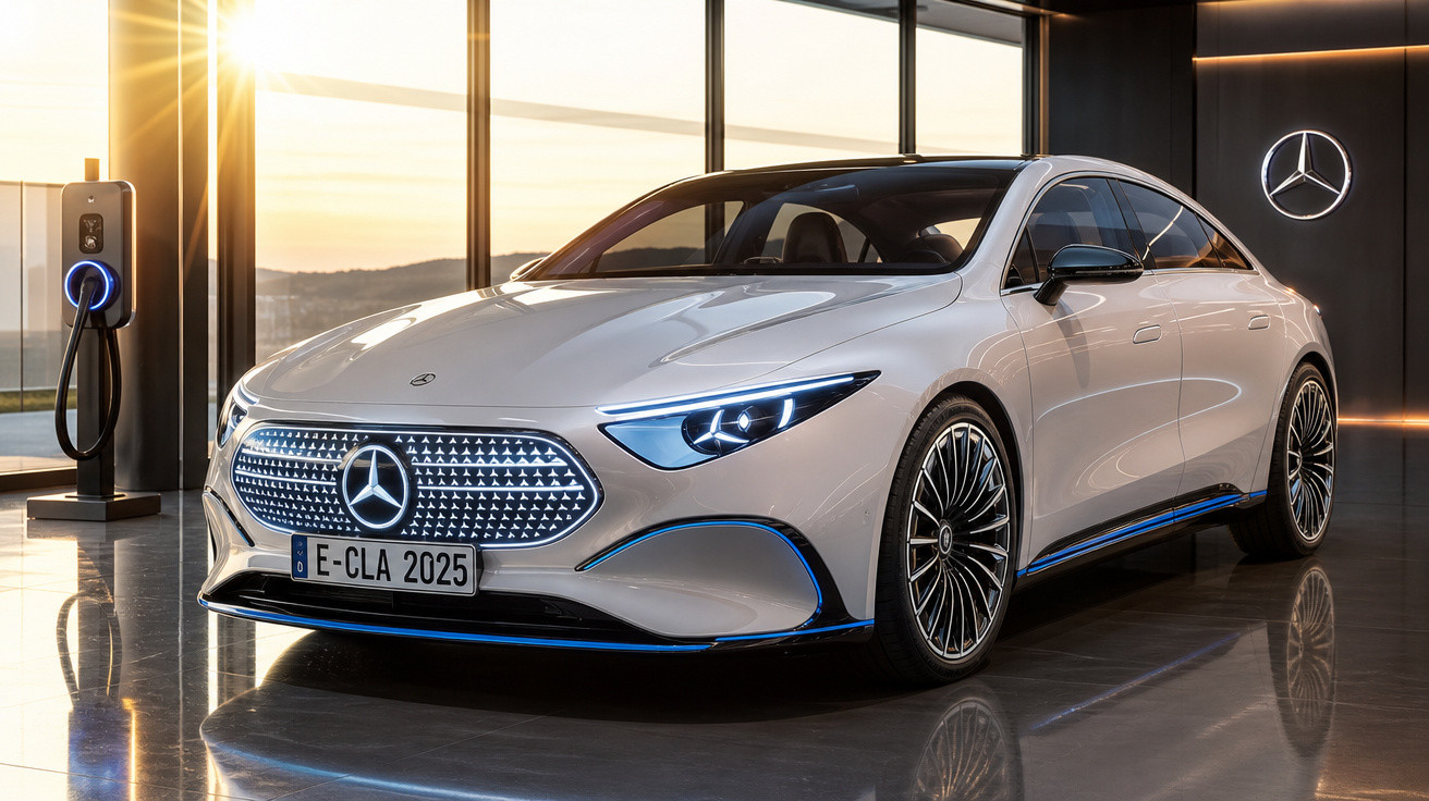 Carro elétrico Mercedes-Benz branco estacionado próximo a estação de recarga em ambiente moderno interno.