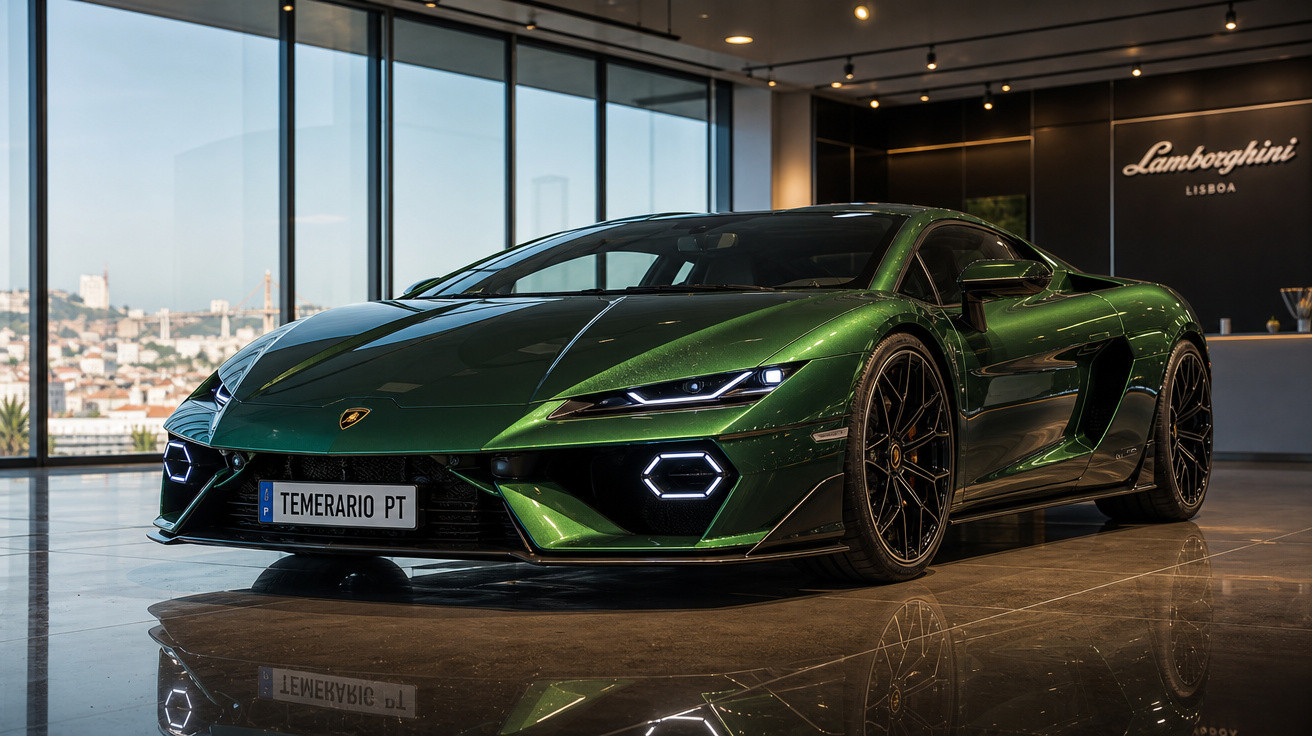 Carro esportivo Lamborghini verde metálico em showroom moderno com piso brilhante e vista urbana ao fundo.