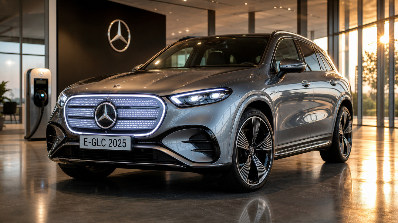 SUV elétrico Mercedes-Benz E-GLC 2025 prata estacionado em showroom com iluminação natural ao entardecer.