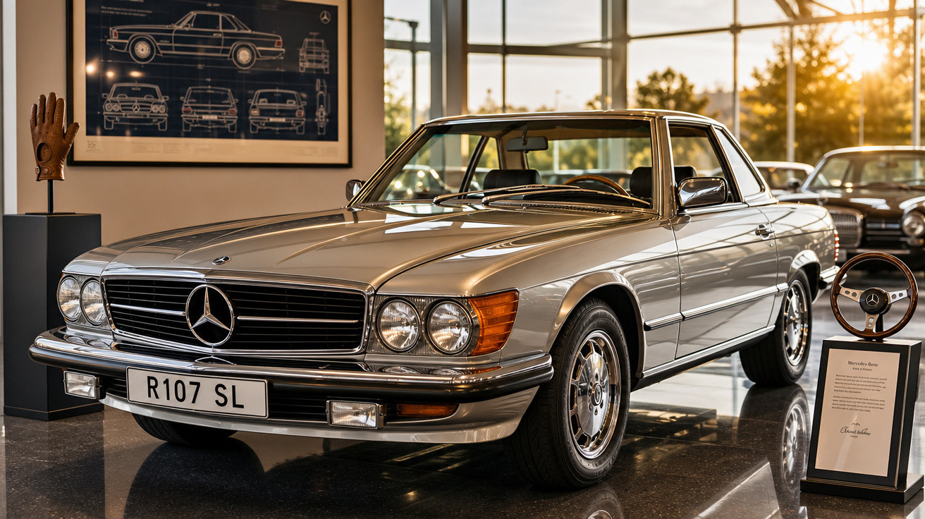 Carro clássico Mercedes-Benz R107 SL prata em exposição interna com luz natural ao fundo.