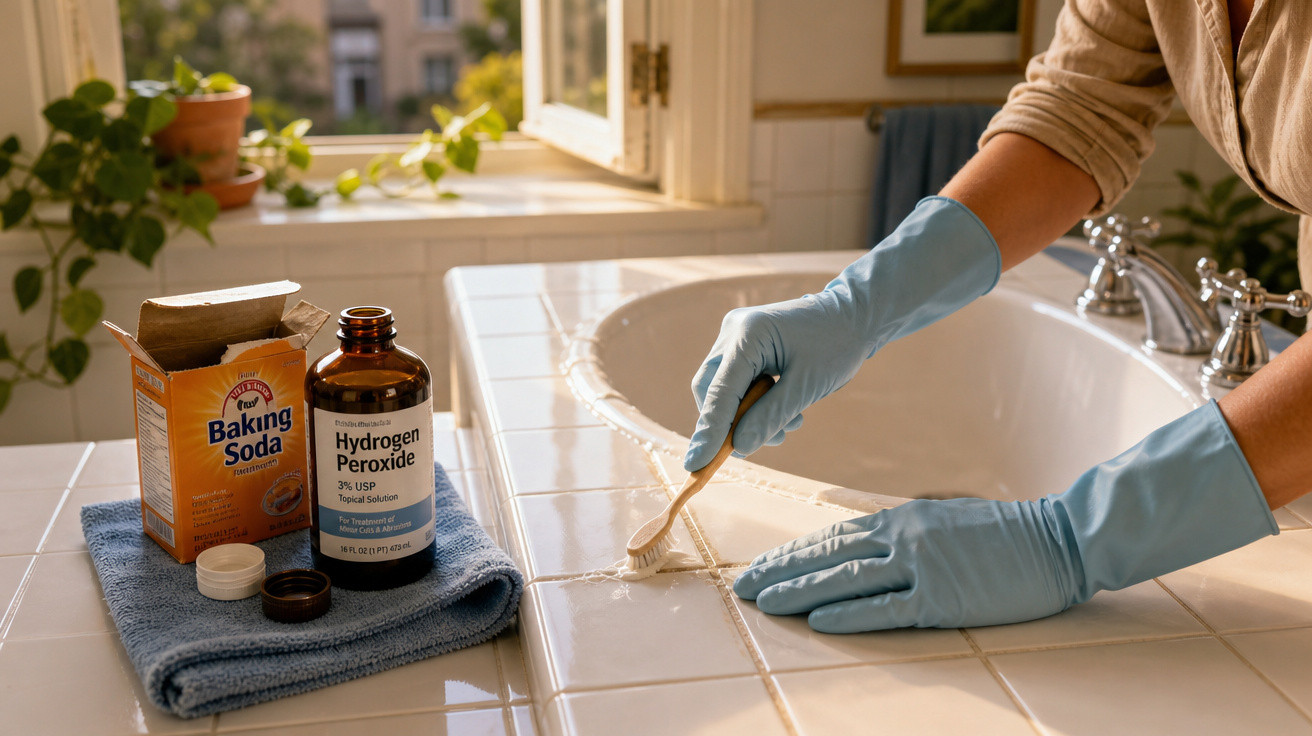 Pessoa usando luvas de borracha limpando rejunte de azulejos com escova, bicarbonato e peróxido de hidrogênio à vista.
