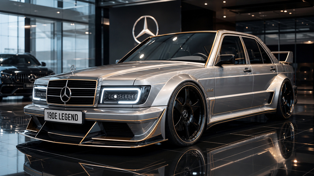 Carro Mercedes-Benz 190E Legend prata com detalhes esportivos em showroom moderno.