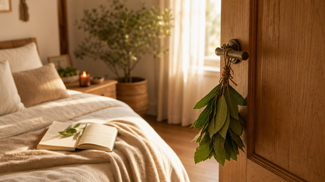 Quarto aconchegante com cama, livro aberto, vela acesa e folhas penduradas na maçaneta da porta.