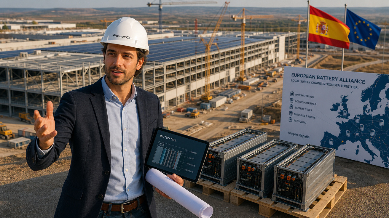 Engenheiro com capacete branco segura planta e tablet em fábrica de baterias com bandeiras da Espanha e União Europeia ao fun