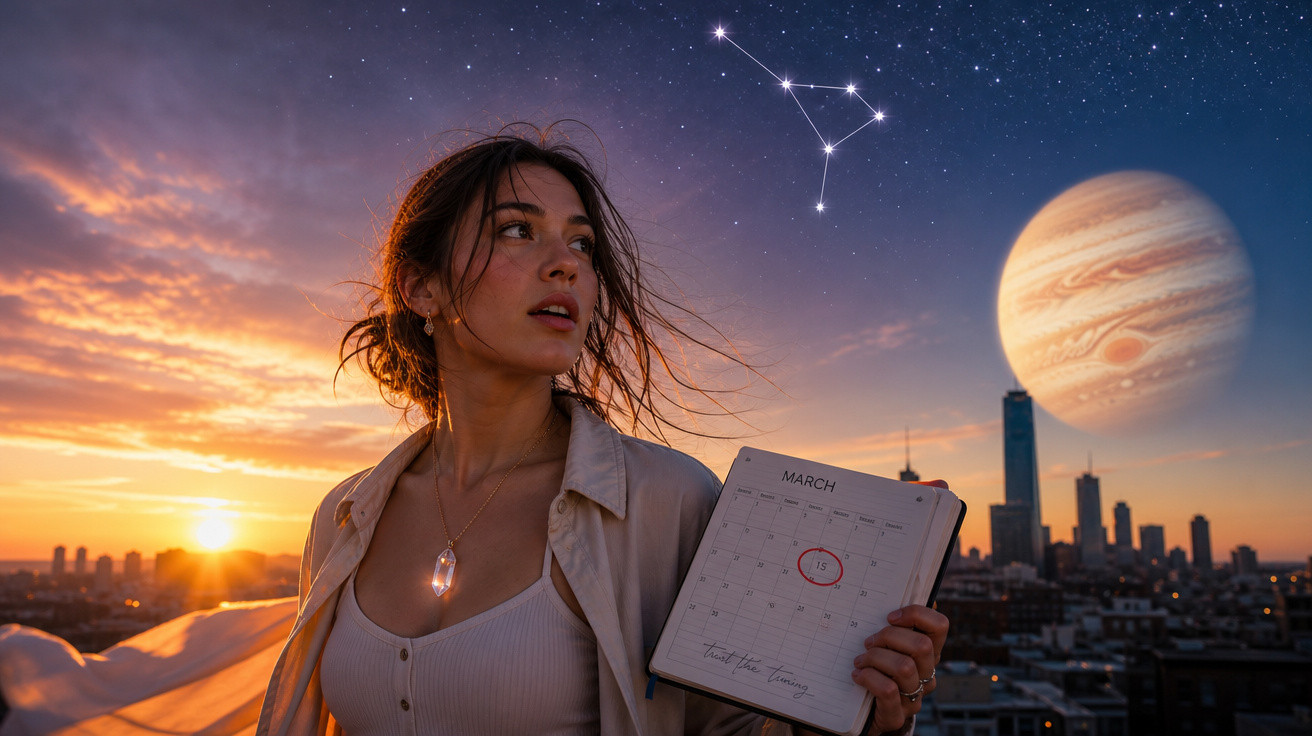 Mulher ao pôr do sol segura agenda com data marcada, céu estrelado, constelação e planeta gigante ao fundo.