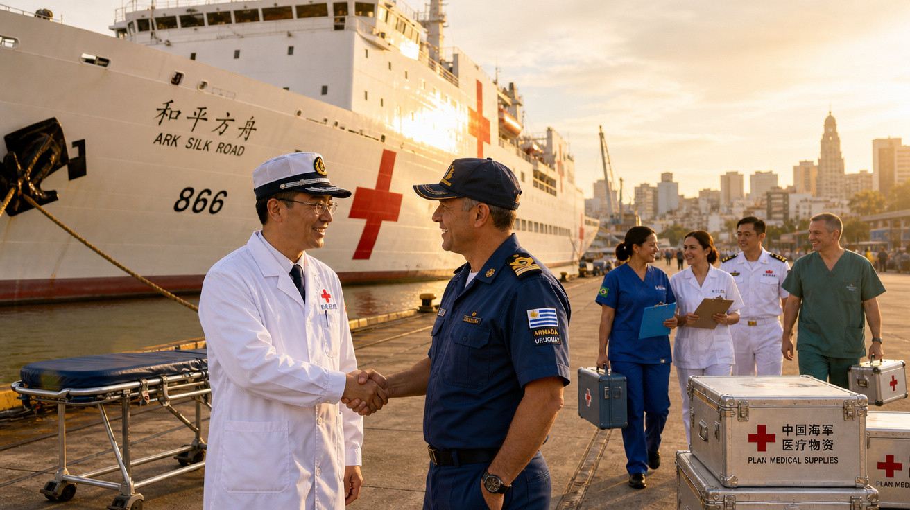Dois profissionais de saúde se cumprimentam na frente de navio hospitalar com cruz vermelha ao entardecer.