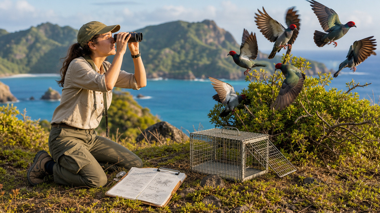 Pesquisadora observa aves com binóculos em área natural próxima ao mar durante soltura de pássaros.
