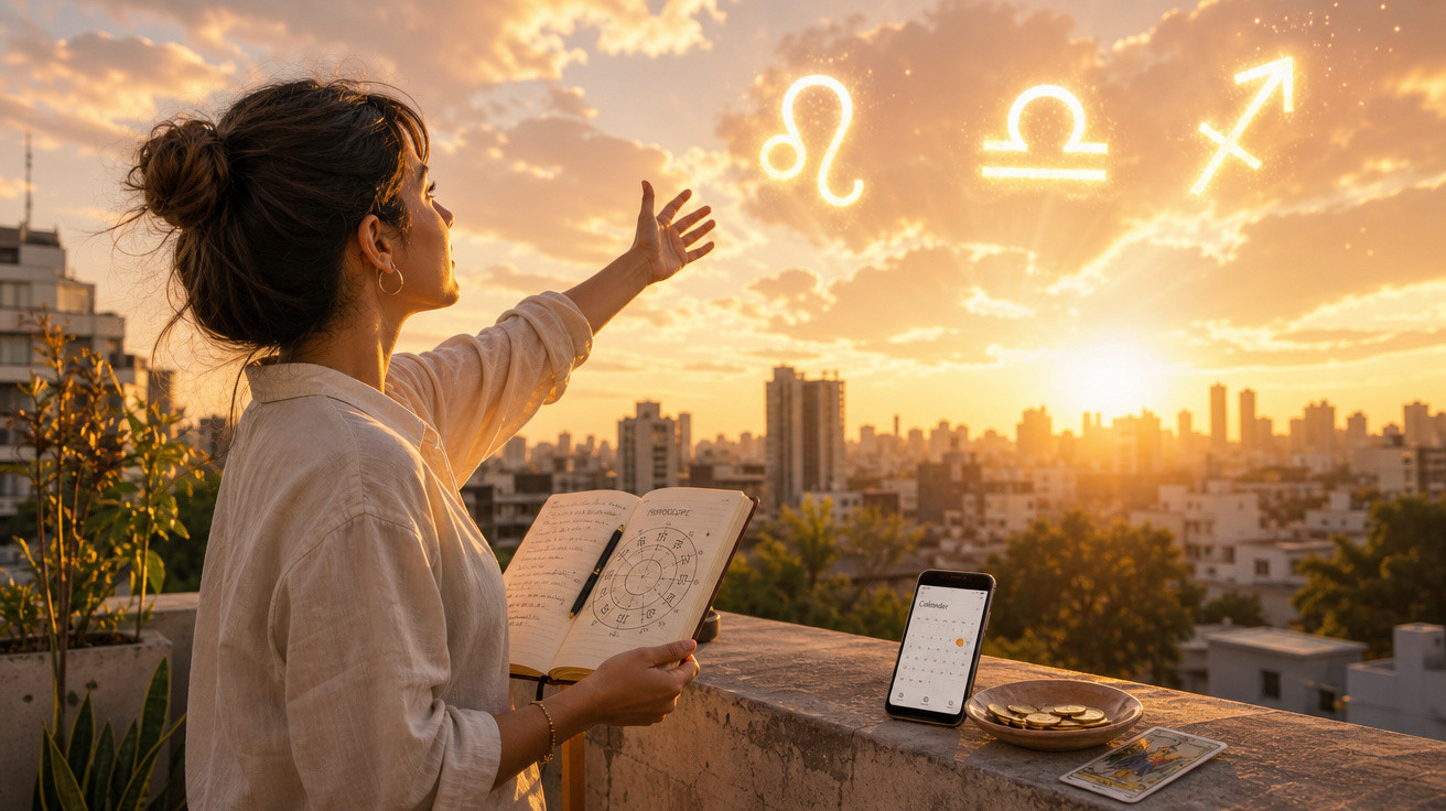 Mulher contempla signos do zodíaco ao pôr do sol, com caderno e celular na varanda de apartamento urbano.