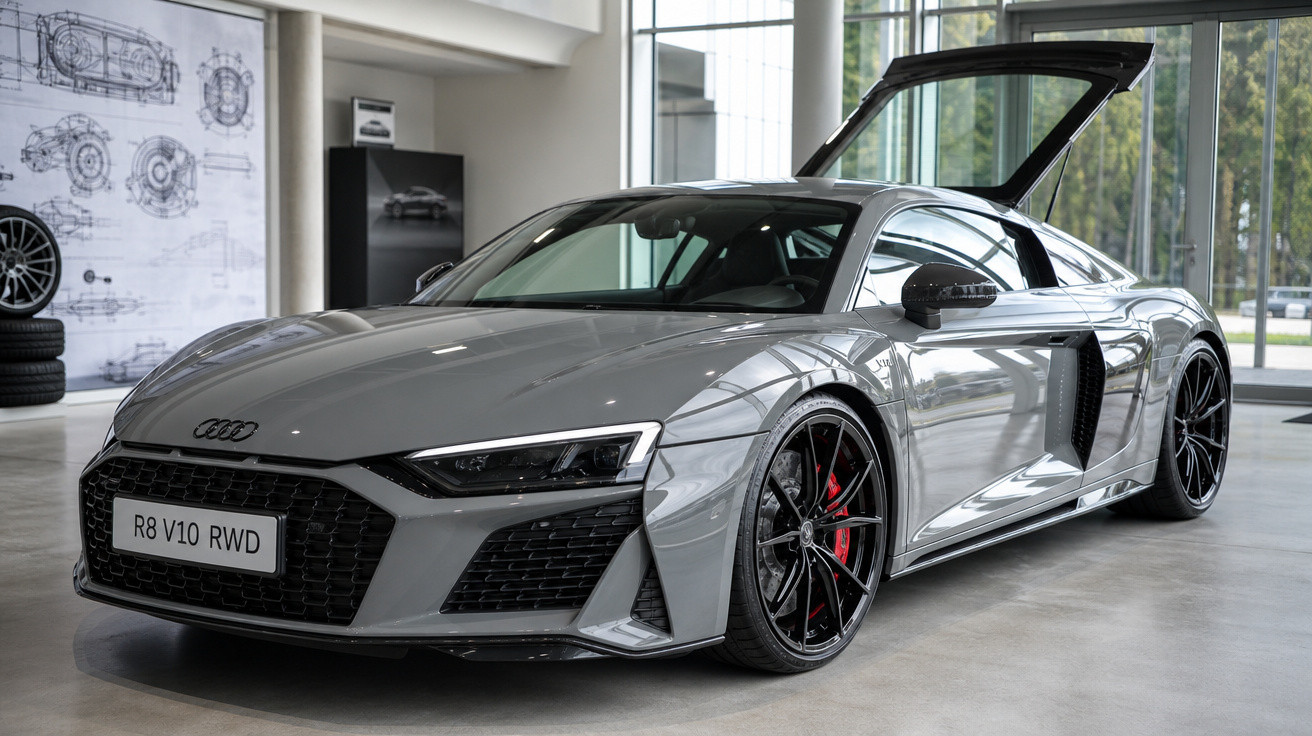 Audi R8 V10 cinza metálico com portas de abertura especial em showroom moderno e iluminado.
