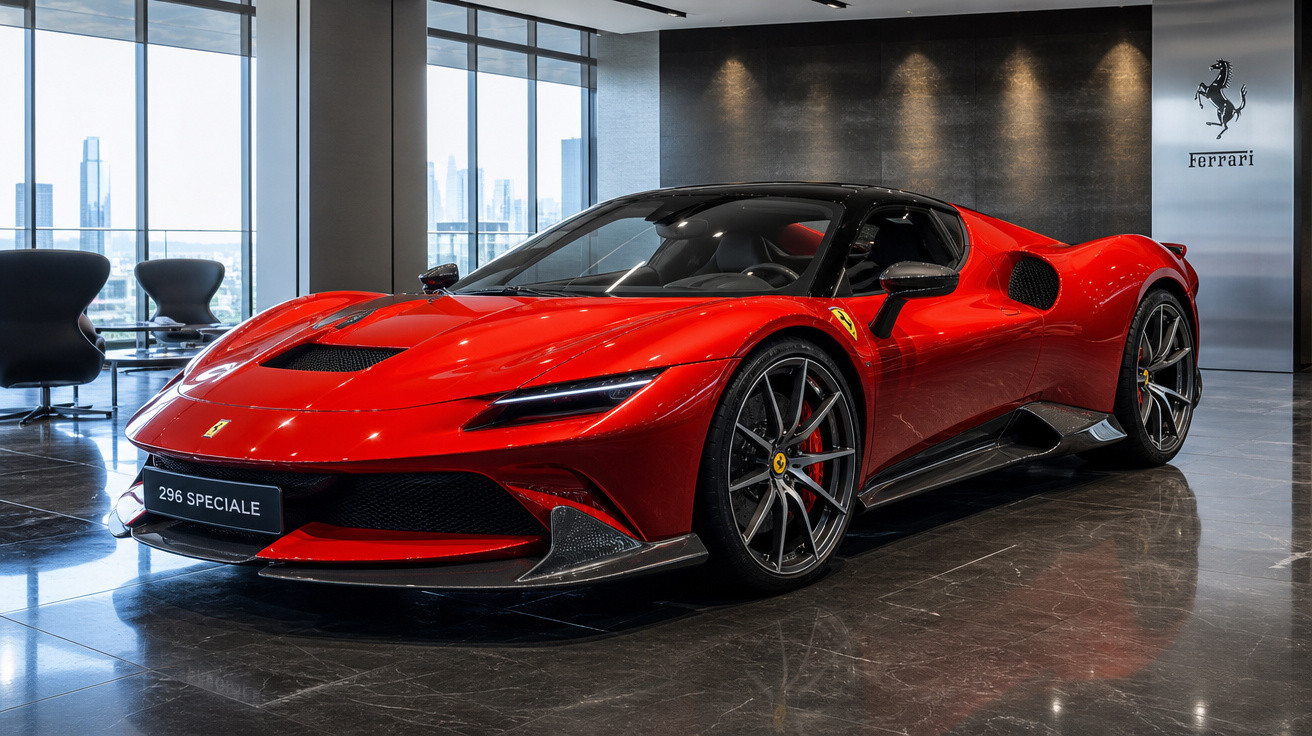 Carro esportivo Ferrari 296 Speciale vermelho em showroom moderno com piso refletivo e janelas amplas.