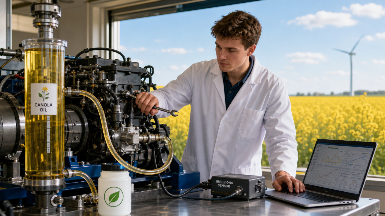Homem em jaleco ajusta motor experimental com óleo de canola, com campo de flores amarelas ao fundo.