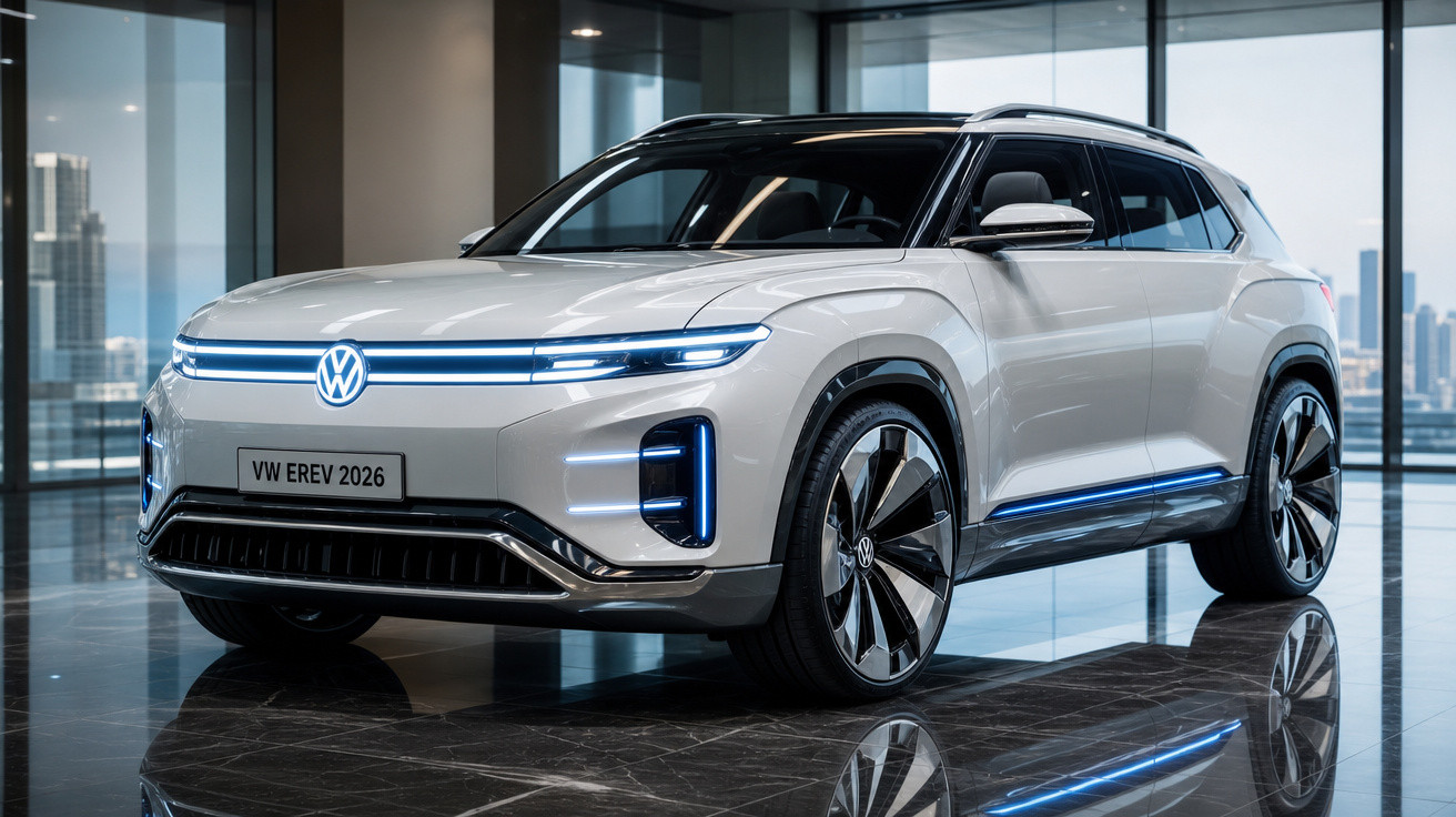 Carro elétrico branco Volkswagen EREV 2026 em exposição interna moderna com iluminação azul e rodas grandes.
