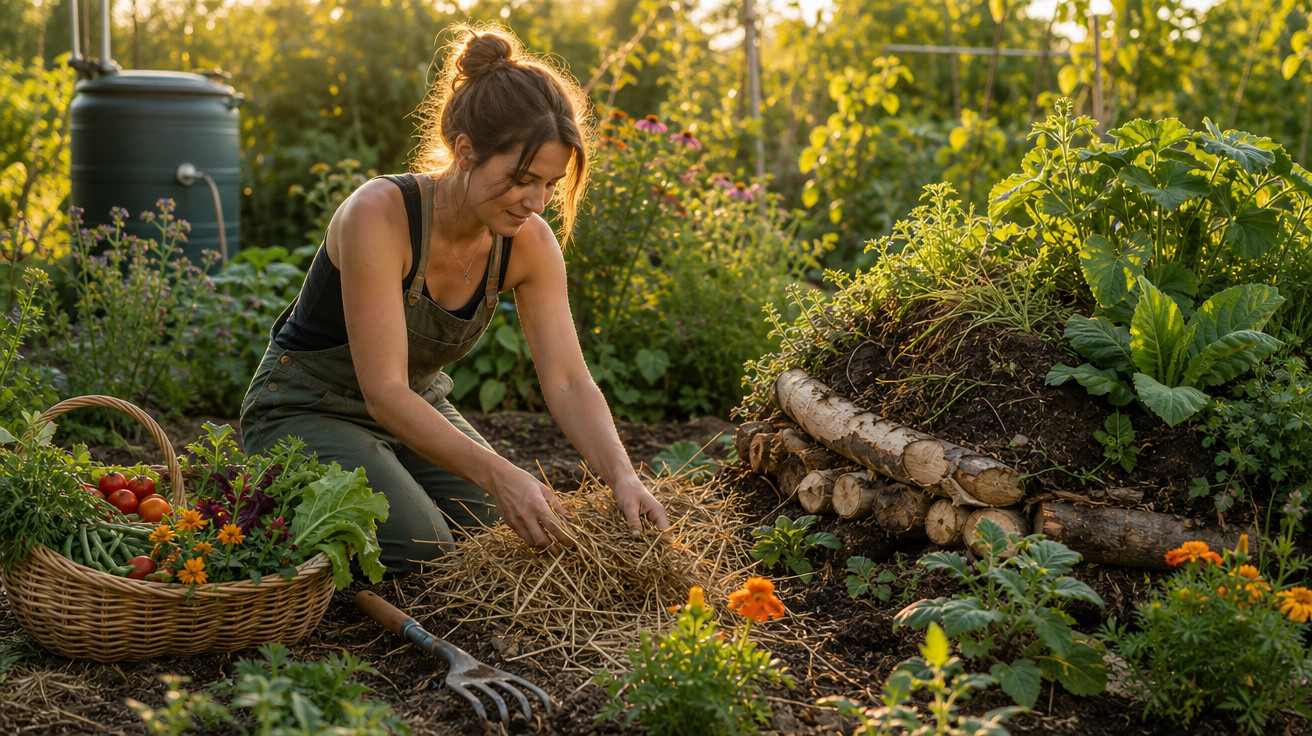 Mulher cuidando de jardim com cesta de vegetais e flores ao lado em dia de luz do sol.