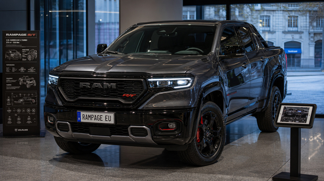 Picape preta Ram Rampage R/T exposta em showroom com placas e detalhes visíveis.
