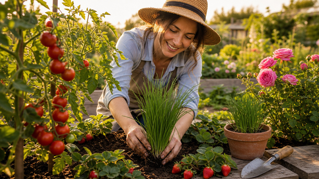Mulher sorridente plantando ervas em horta com tomates e morangos ao redor em dia ensolarado.