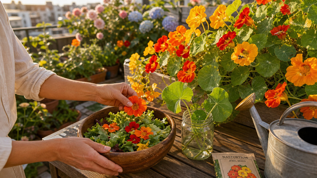 Mãos colhendo flores vermelhas e laranjas para salada em varanda com diversas flores e regador.