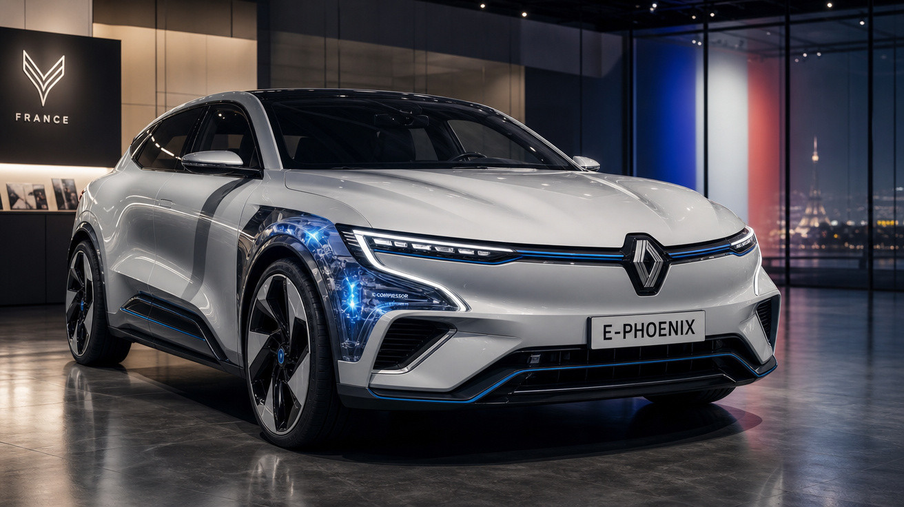 Carro elétrico Renault E-Phoenix prata exibido em ambiente interno moderno e iluminado.