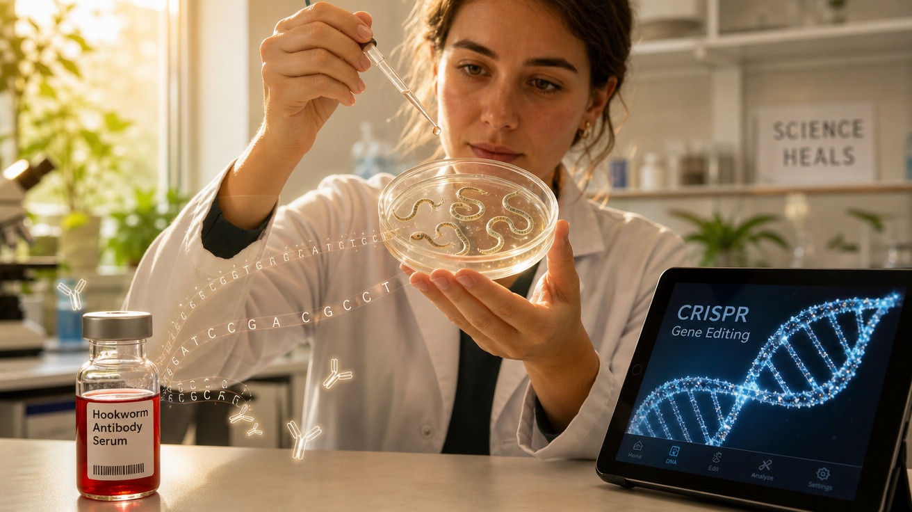 Cientista analisa amostra em placa de petri com imagens de DNA e edição genética CRISPR em tablet.
