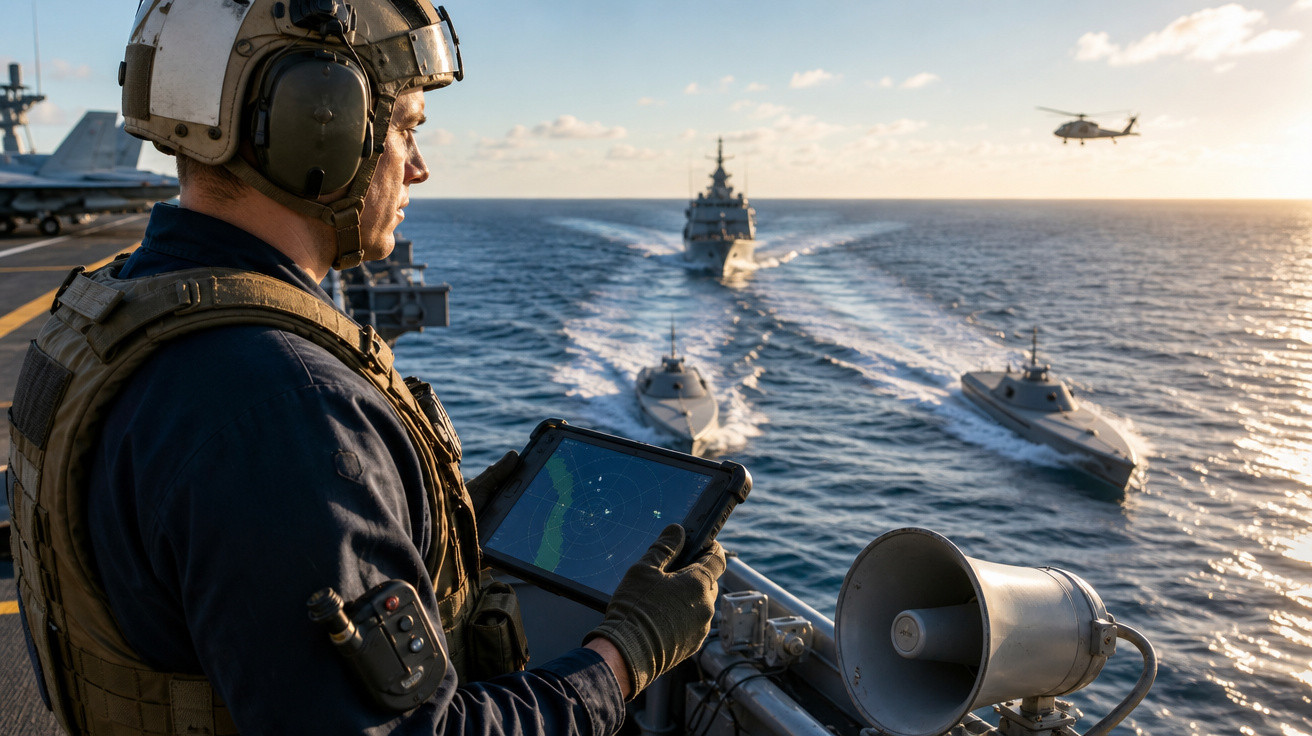 Soldado militar com tablet observa frota naval no mar ao pôr do sol com helicóptero ao fundo.