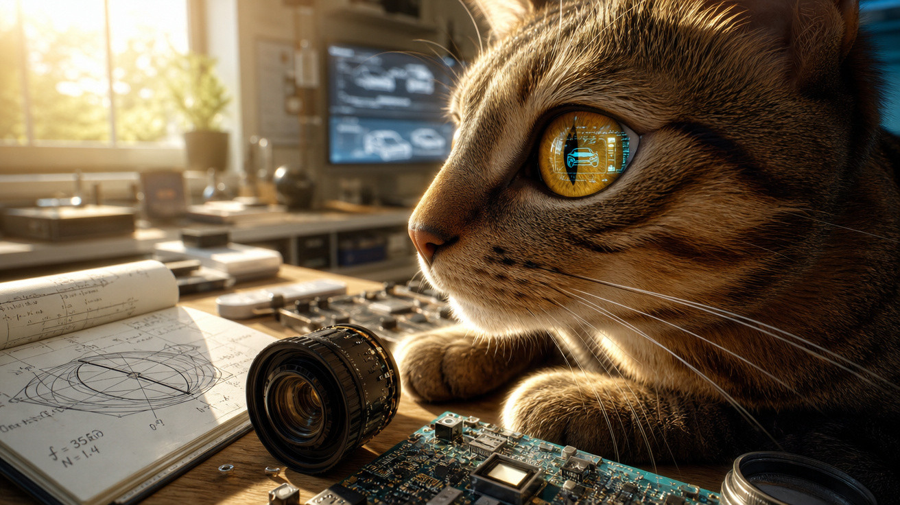 Gato marrom com olhos dourados observando peças eletrônicas e um caderno com fórmulas em uma mesa iluminada.