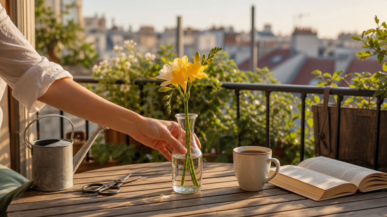 Braço feminino colocando flor amarela em vaso na mesa de varanda com livro, xícara de café e regador.