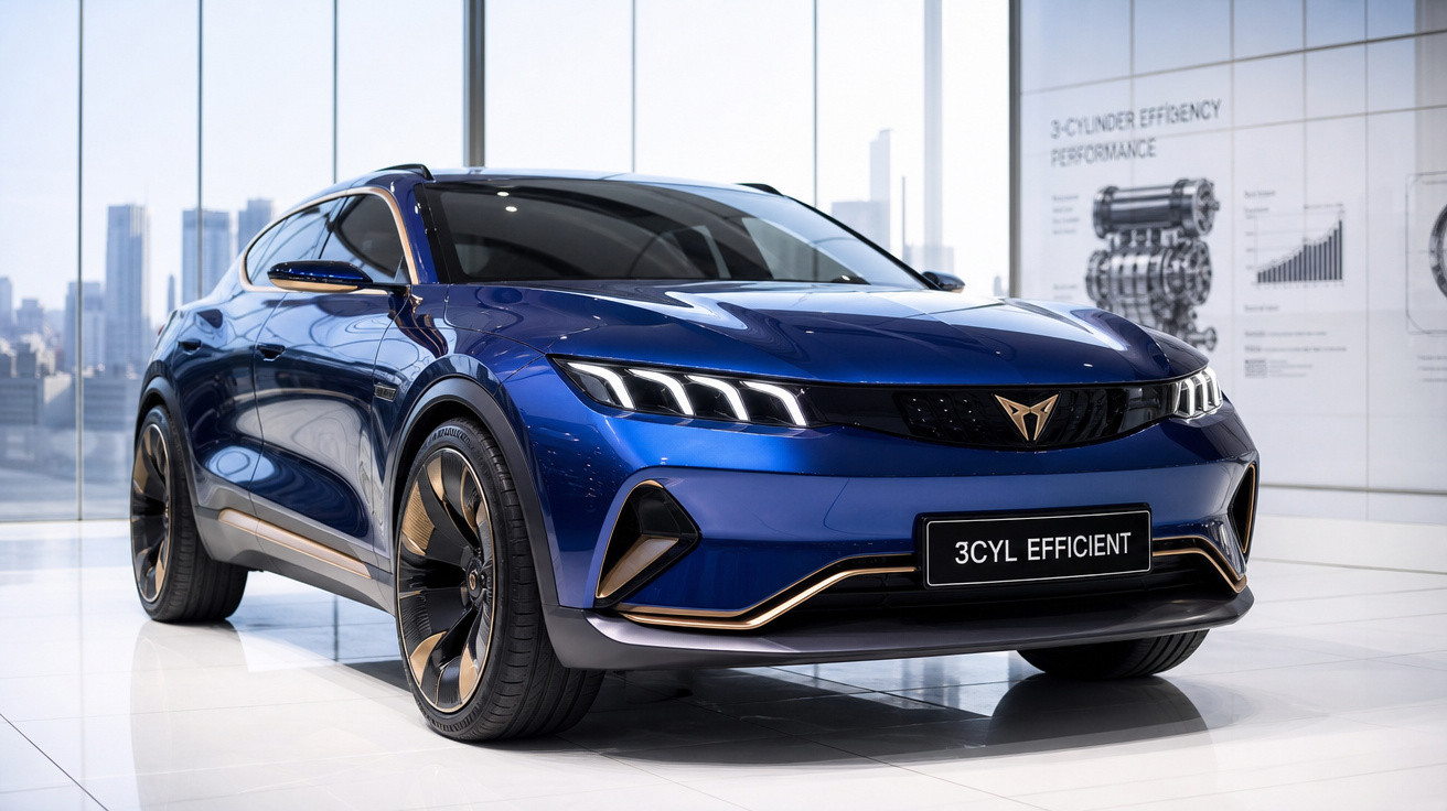 Carro elétrico azul metálico exposto em ambiente moderno com vidro e gráficos técnicos ao fundo.
