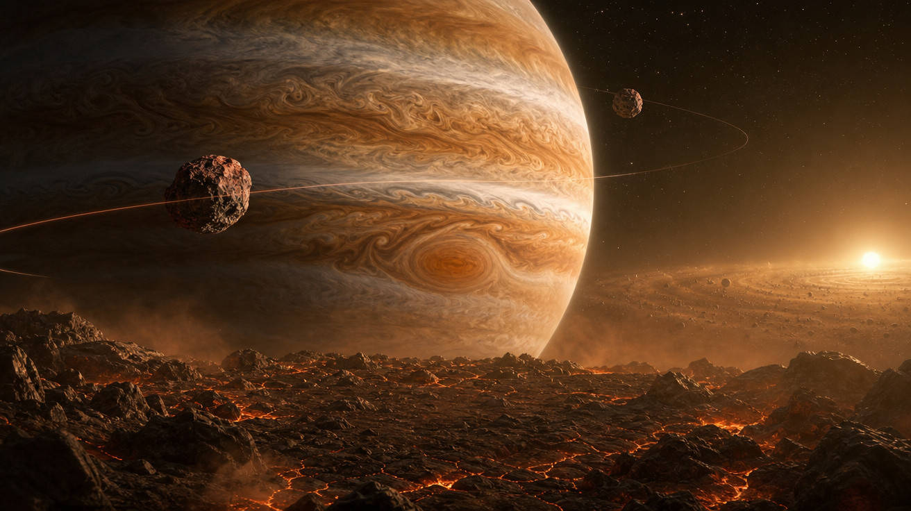 Superfície rochosa e vulcânica de um planeta com Júpiter e suas luas visíveis ao fundo em espaço cósmico.