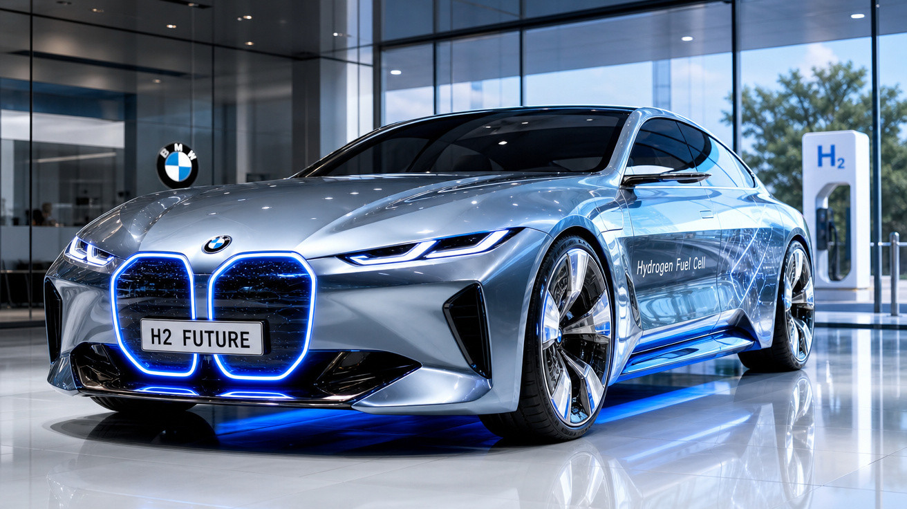 Carro-conceito BMW prata com luzes azuis e placa "H2 FUTURE" em ambiente interno moderno.