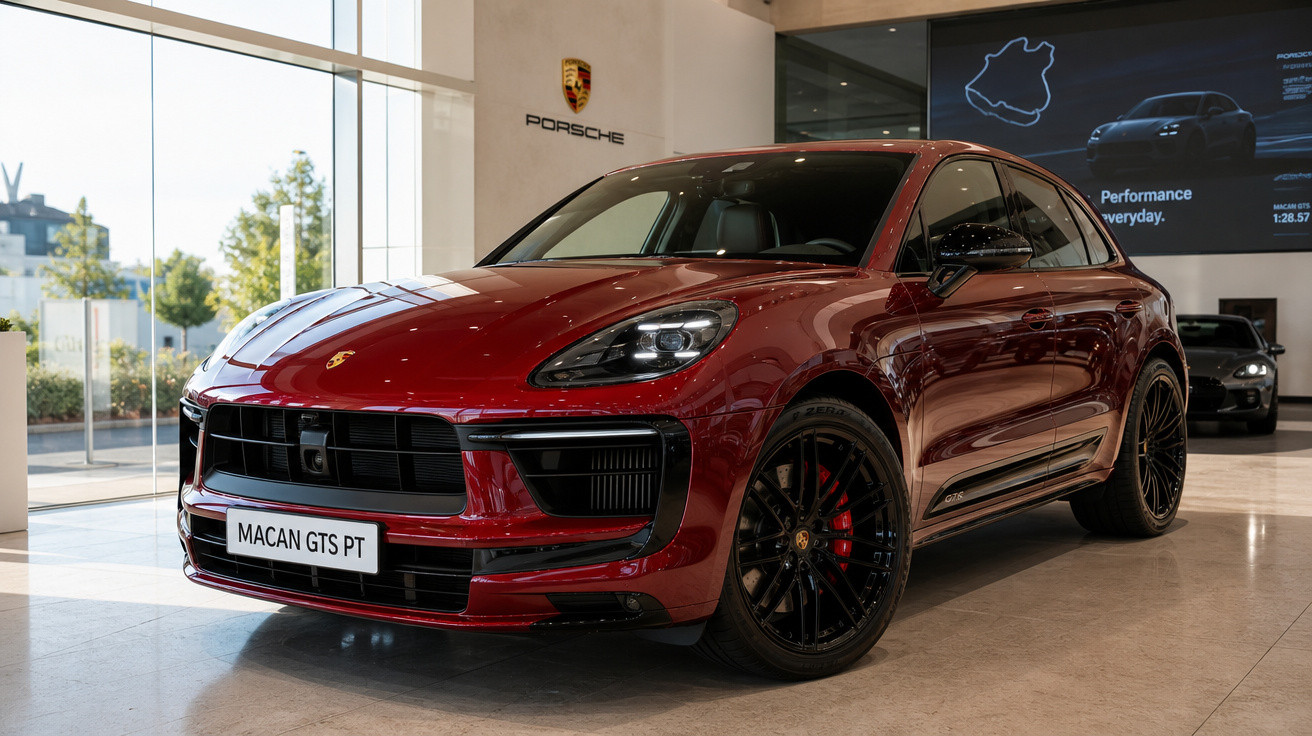 Carro esportivo vermelho Porsche Macan GTS PT exibido em uma concessionária com logo Porsche ao fundo.