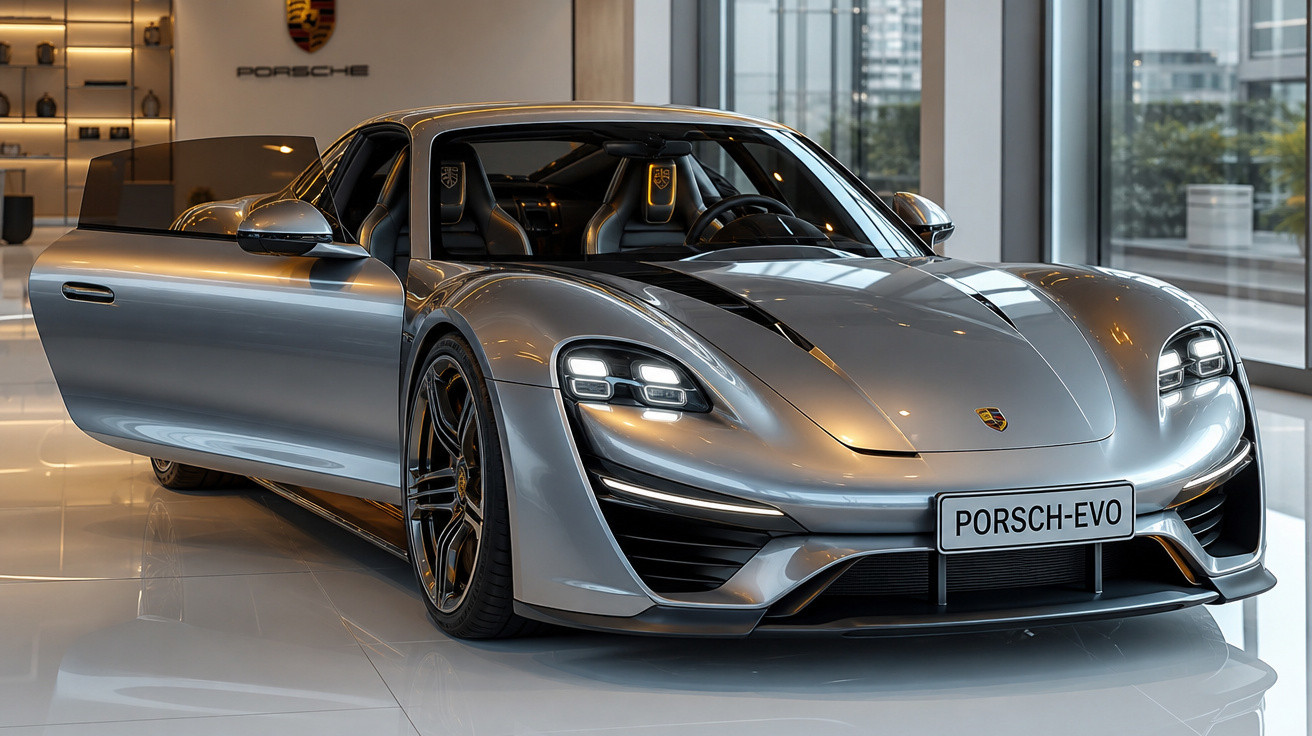 Carro esportivo Porsche prata estacionado em showroom com porta do motorista aberta.
